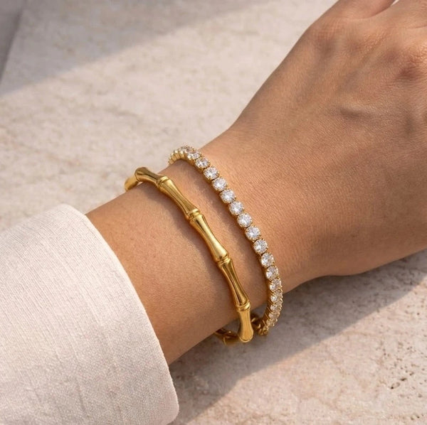 The "It Girl" Bracelet Stack: Anti-Tarnish Bamboo & Tennis Duo