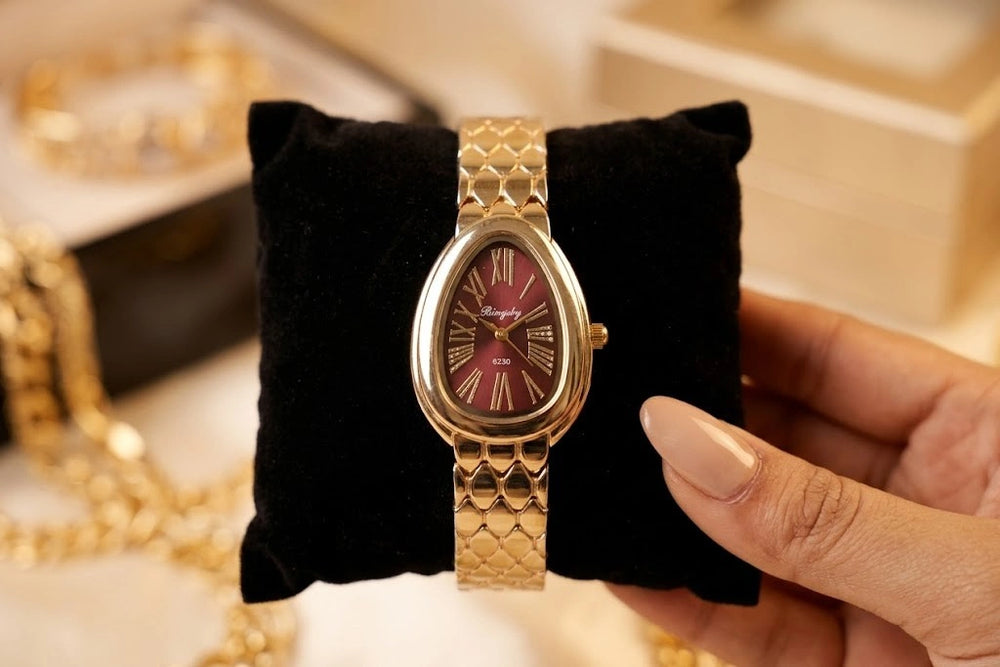 The Serpentine Aesthetic Anti-Tarnish Gold Plated Watch | Burgundy Dial