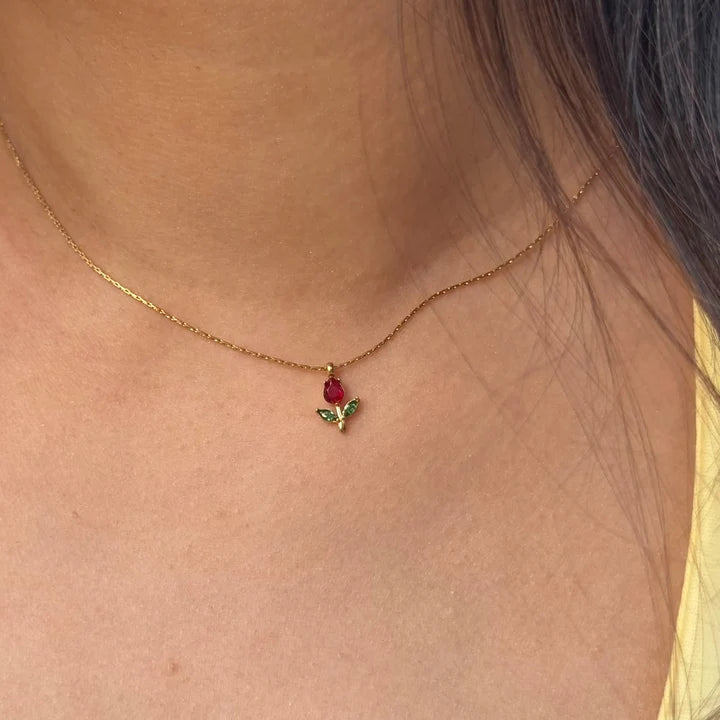 Dainty Red Rose Pendant Necklace - Anti Tarnish Gold Plated
