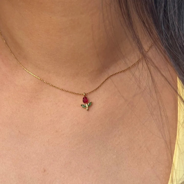 Dainty Red Rose Pendant Necklace - Anti Tarnish Gold Plated