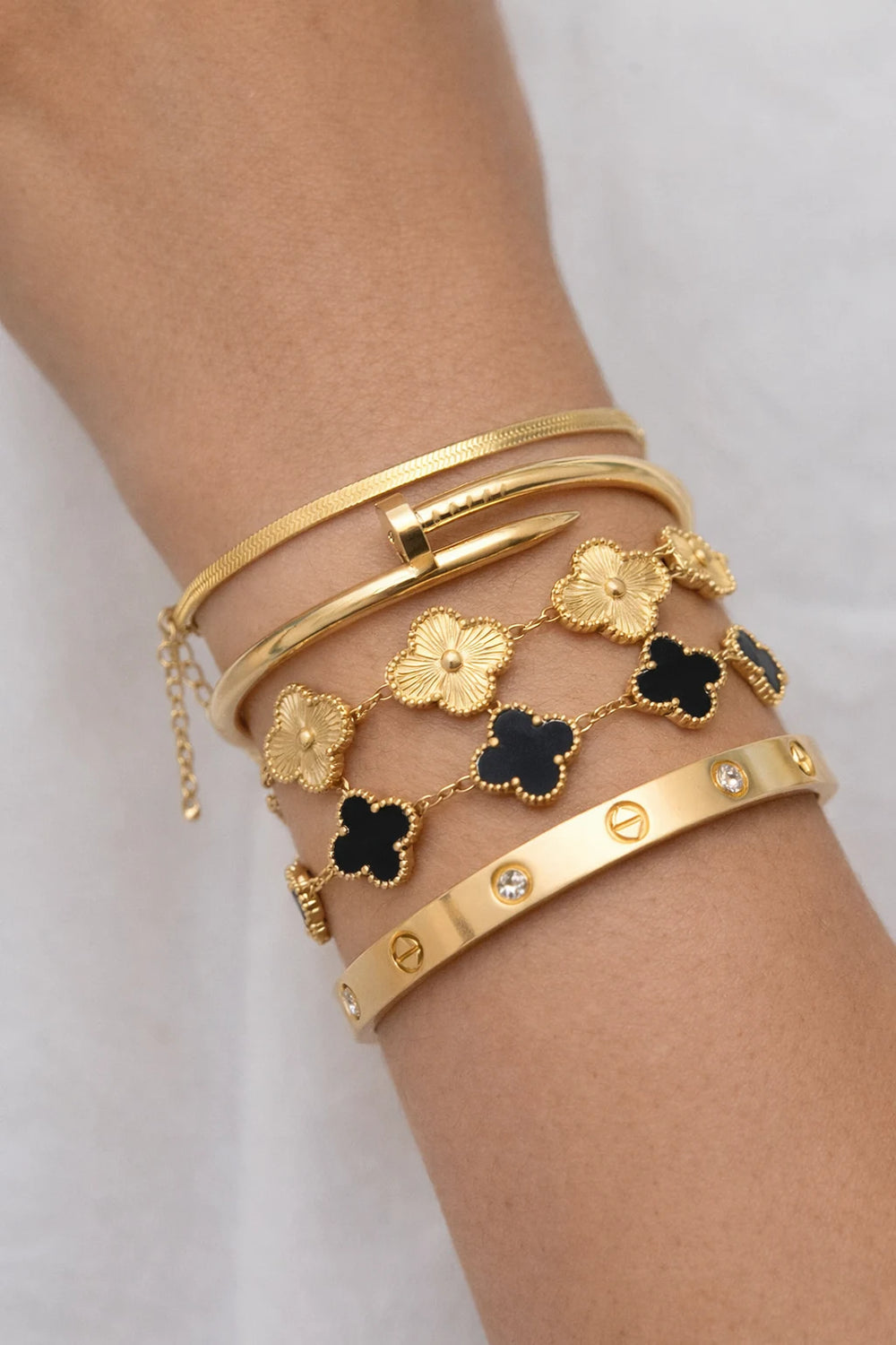 5-Piece Luxury Clover & Nail Bracelet Stack - Premium Gold-Plated Combo