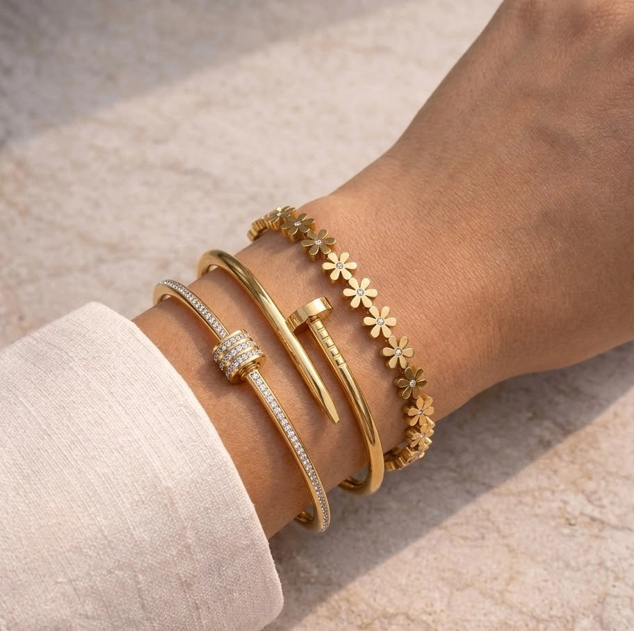 3-Piece Aesthetic Bangle & Bracelet Stack - Anti-Tarnish Gold Plated