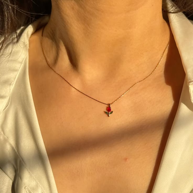 Dainty Red Rose Pendant Necklace - Anti Tarnish Gold Plated