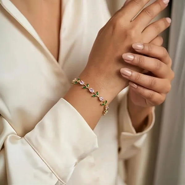 Tulip Pink Rose Vine Floral Bracelet - Anti-Tarnish Gold Plated