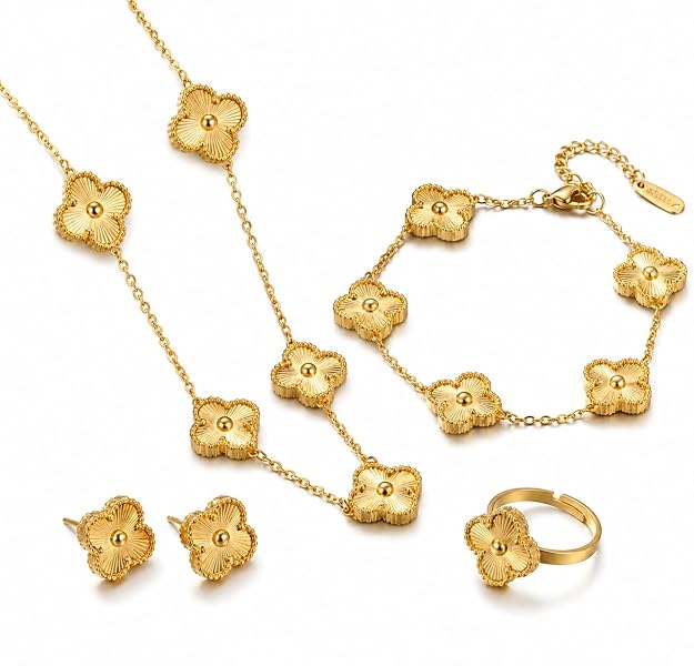 Clover Motif Anti Tarnish Gold Plated Jewelry Set