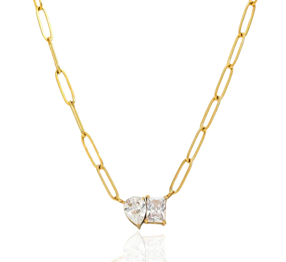Anti-Tarnish Gold Plated Paperclip Necklace | Two-Stone CZ Pendant
