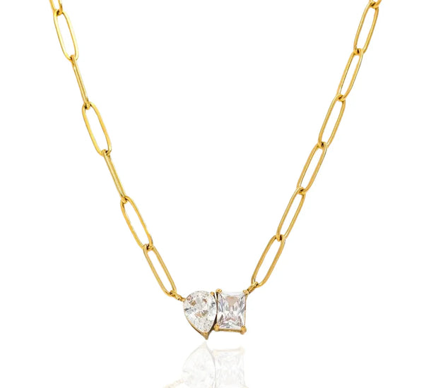 Anti-Tarnish Gold Plated Paperclip Necklace | Two-Stone CZ Pendant