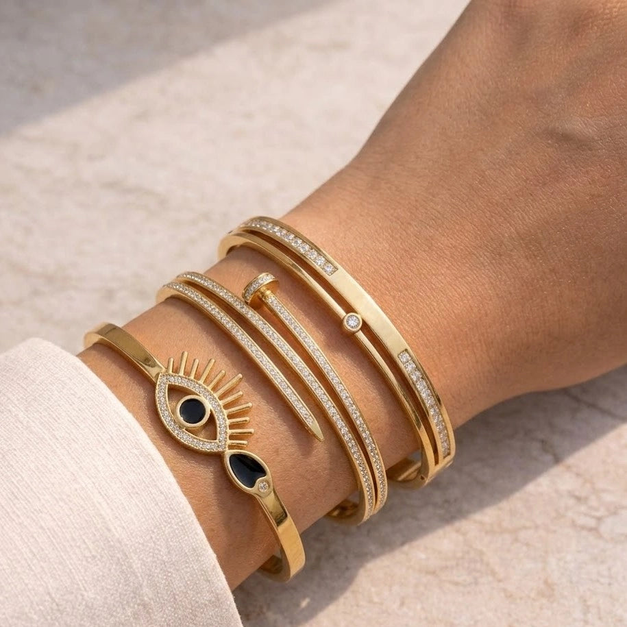 Mystic Eye & Minimalist Elegance Bracelet Stack - Set of 3 Anti-Tarnish Gold Plated Bracelets