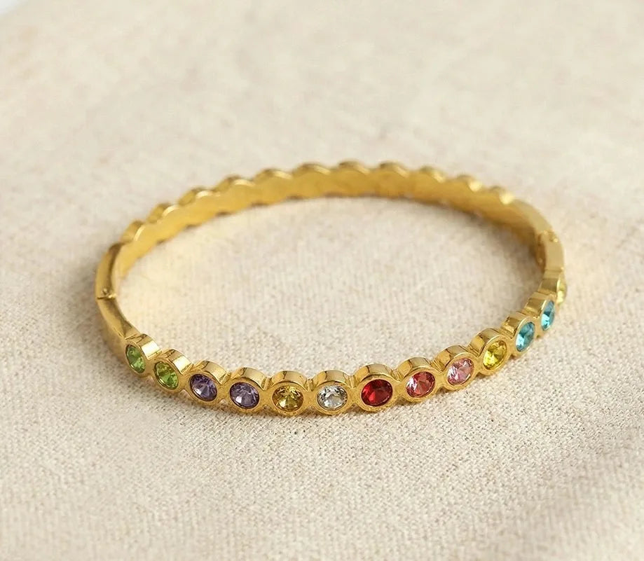Rainbow Crystal Slim Bangle | Anti-Tarnish Gold Plated Korean Style Bracelet