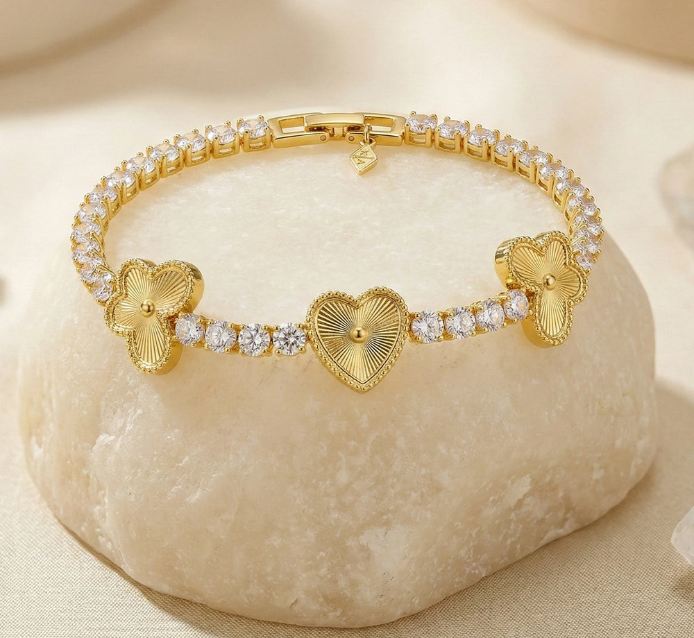 Anti-Tarnish Heart & Clover CZ Tennis Bracelet | Premium Gold Plated