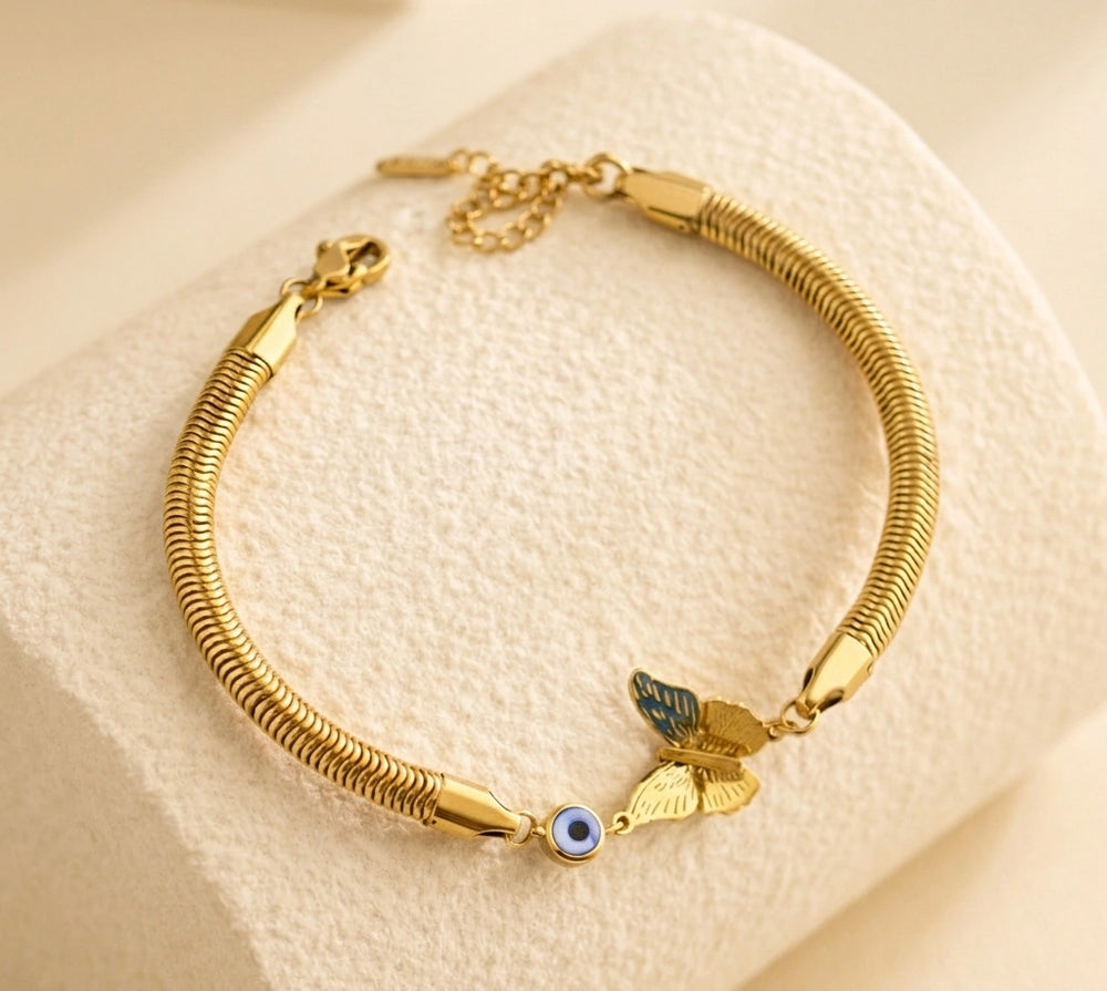 Evil Eye & Butterfly Snake Chain Bracelet | Anti-Tarnish Gold Plated | Korean Style
