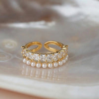 Double Layer Pearl & Crystal Adjustable Gold Fashion Ring | Korean Style Statement Jewelry