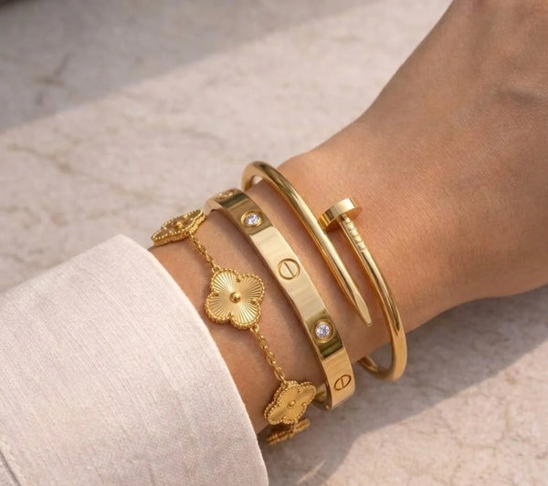 The Ultimate Golden Stack - 3 Pc Combo (Clover, Nail & Screw Bangle) | Anti-Tarnish & Waterproof