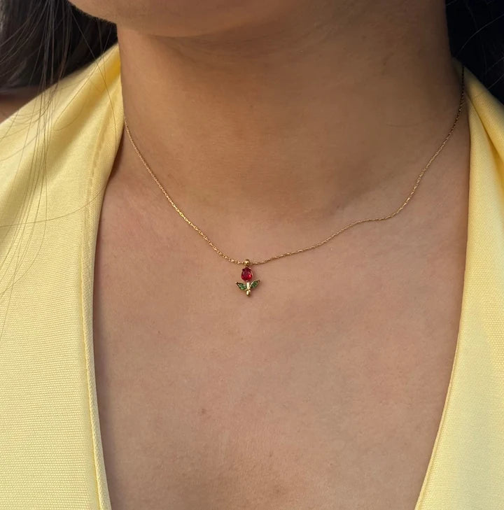 Dainty Red Rose Pendant Necklace - Anti Tarnish Gold Plated