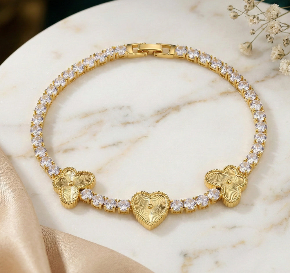 Anti-Tarnish Heart & Clover CZ Tennis Bracelet | Premium Gold Plated