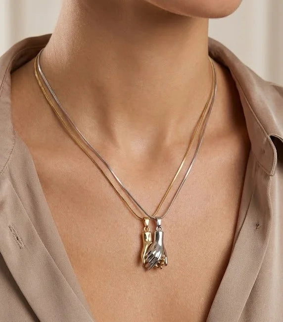 Magnetic Hand-in-Hand Couple Necklace in Gold and Silver Anti-Tarnish Finish