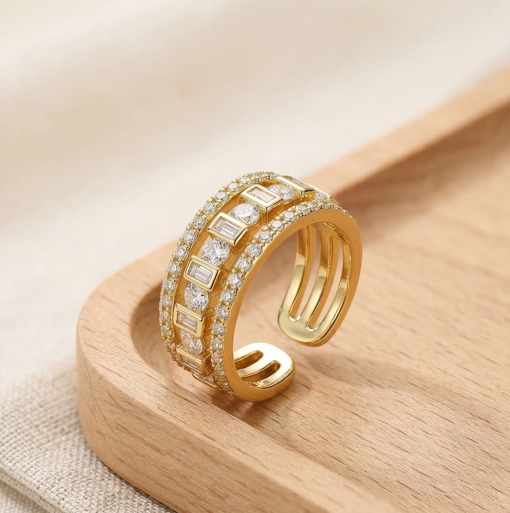 Multi-Layer Baguette & Round Crystal Gold Fashion Ring | Premium Statement Jewelry