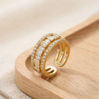Multi-Layer Baguette & Round Crystal Gold Fashion Ring | Premium Statement Jewelry