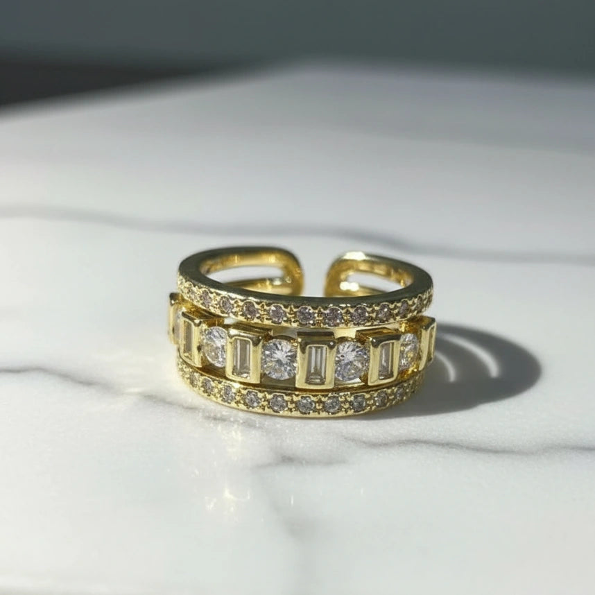 Multi-Layer Baguette & Round Crystal Gold Fashion Ring | Premium Statement Jewelry