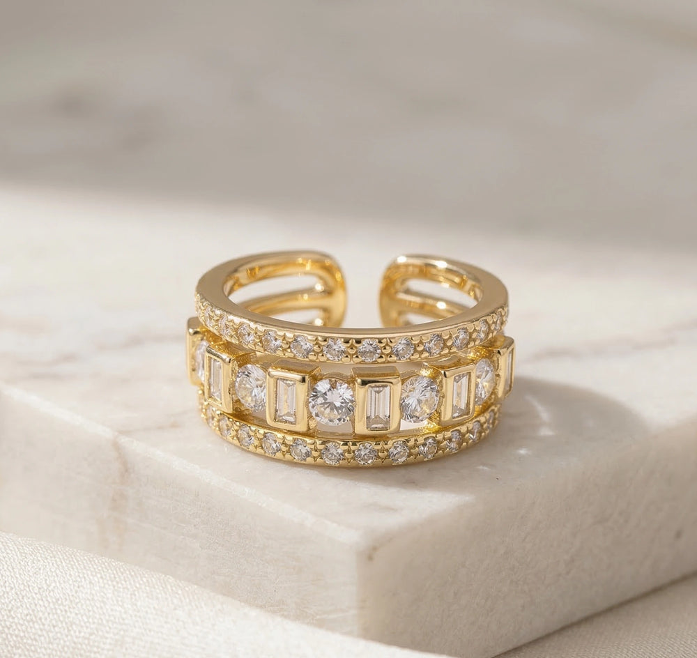 Multi-Layer Baguette & Round Crystal Gold Fashion Ring | Premium Statement Jewelry
