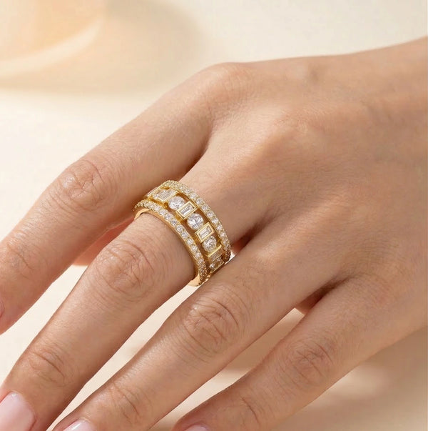 Multi-Layer Baguette & Round Crystal Gold Fashion Ring | Premium Statement Jewelry