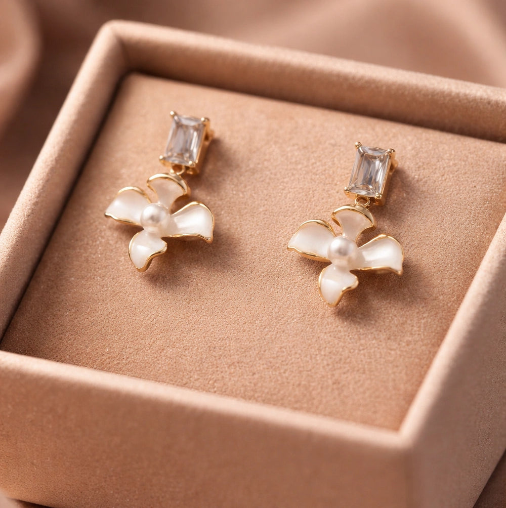 White Enamel Floral Pearl Earrings with Crystal - Premium Fashion Jewelry