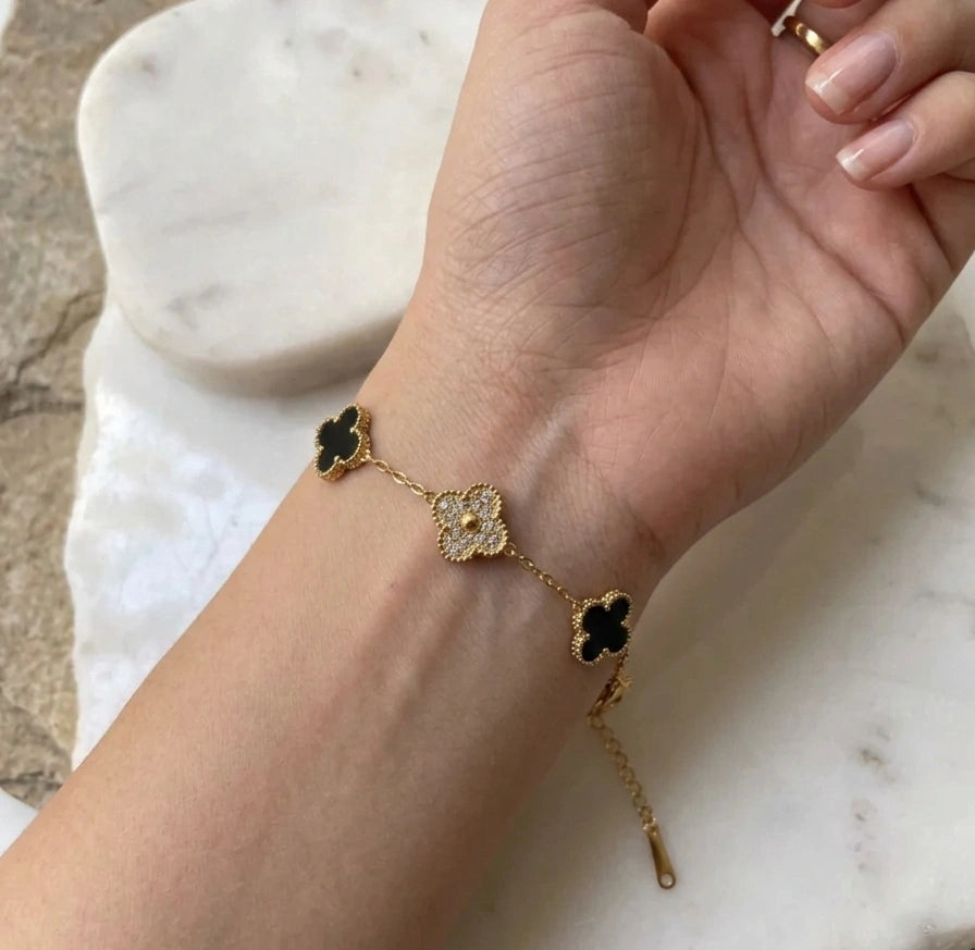 Black & Crystal Clover Anti-Tarnish Gold Plated Bracelet