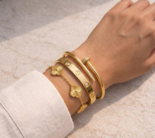 Moncheri Luxe Gold Stacking Trio – Anti-Tarnish Clover, Nail & Screw Bangle Combo
