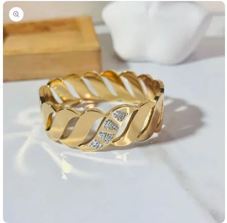 Gold Plated Twisted Wave Bangle – Crystal Pave Cuff Bracelet (Anti-Tarnish & Waterproof)