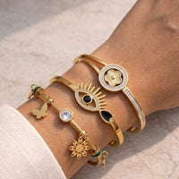 3-Piece Evil Eye & Floral Charm Bracelet Stack - Anti-Tarnish Gold Plated