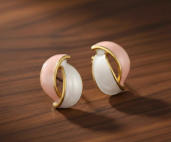 Dual-Tone Abstract Twisted Earrings | Pink & White Enamel Statement Jewelry | Korean Style Fashion Accessories