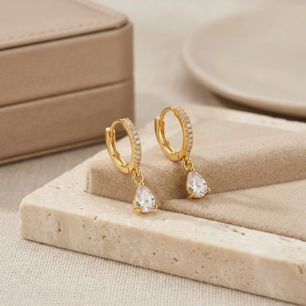 Teardrop Crystal Hoop Earrings - Anti Tarnish Gold Plated