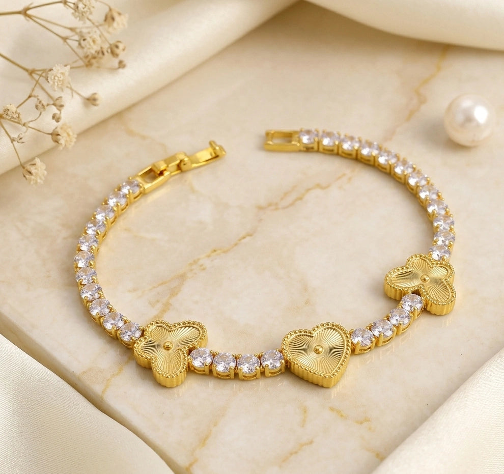 Anti-Tarnish Heart & Clover CZ Tennis Bracelet | Premium Gold Plated