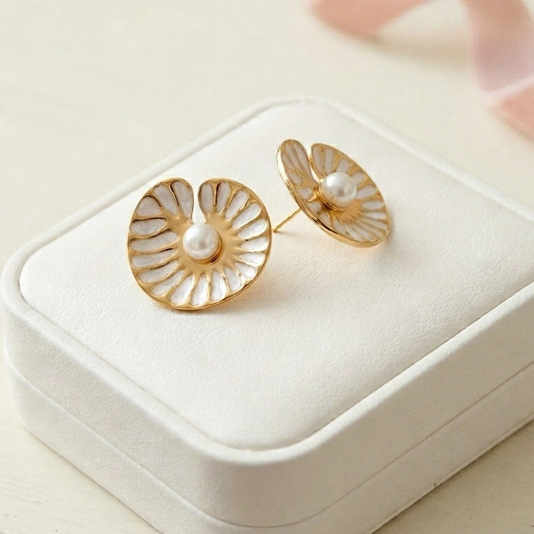 Gold Floral Pearl Stud Earrings | Premium White Enamel Fashion Jewelry