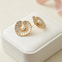 Gold Floral Pearl Stud Earrings | Premium White Enamel Fashion Jewelry