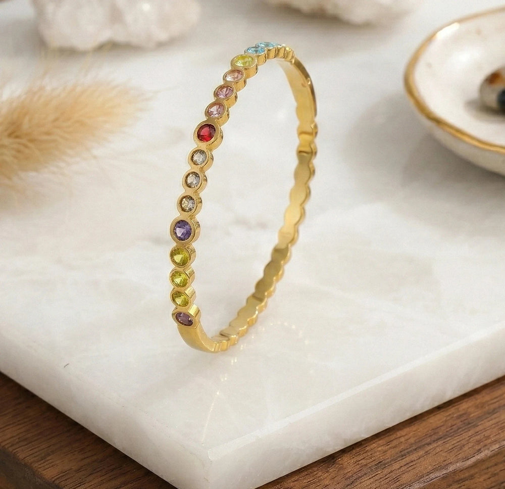 Rainbow Crystal Slim Bangle | Anti-Tarnish Gold Plated Korean Style Bracelet