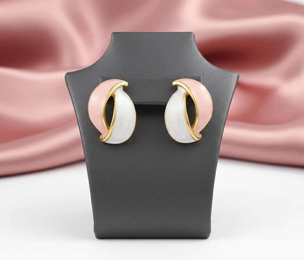 Dual-Tone Abstract Twisted Earrings | Pink & White Enamel Statement Jewelry | Korean Style Fashion Accessories