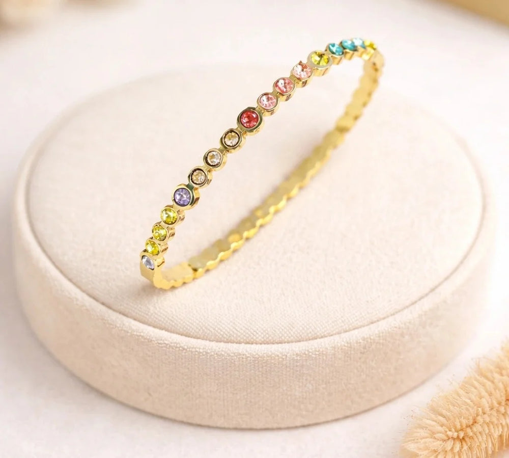 Rainbow Crystal Slim Bangle | Anti-Tarnish Gold Plated Korean Style Bracelet