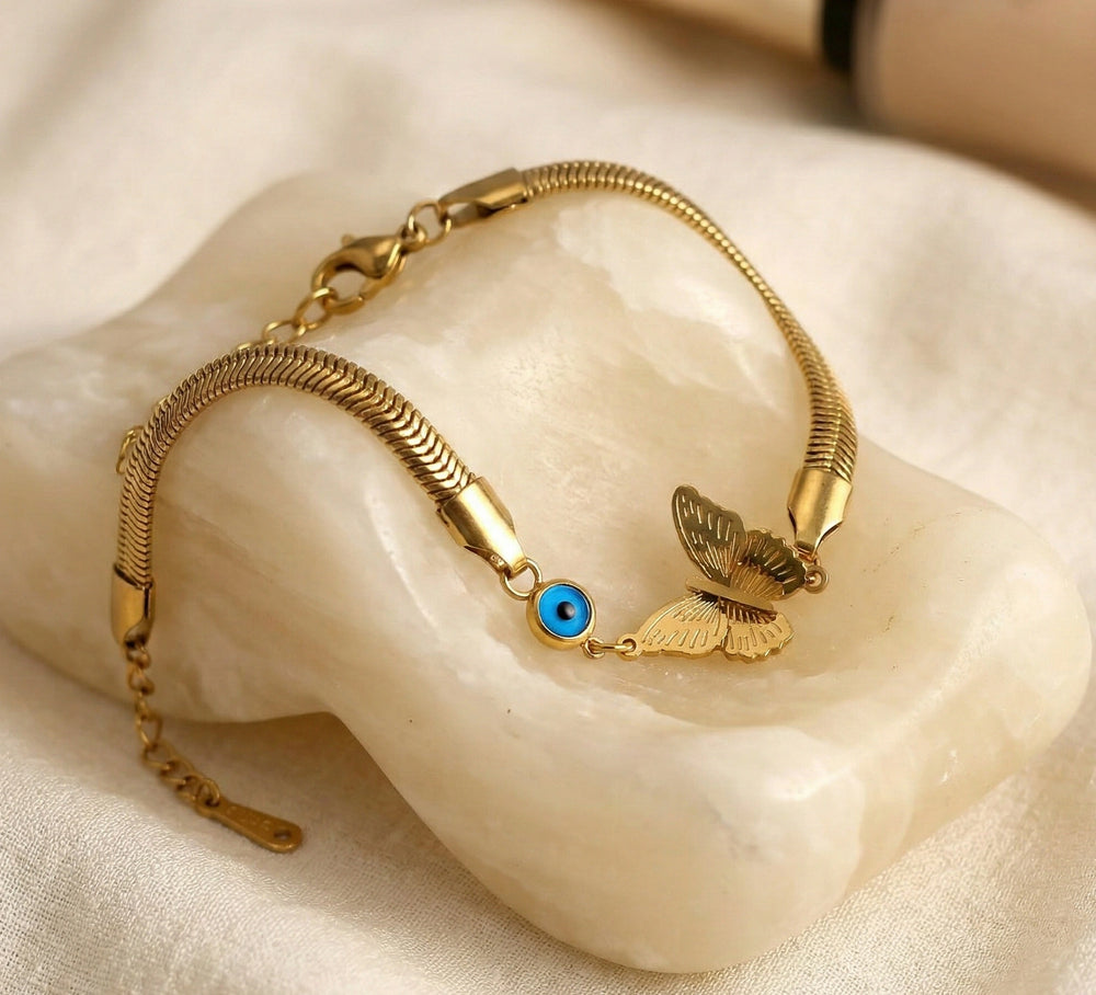 Evil Eye & Butterfly Snake Chain Bracelet | Anti-Tarnish Gold Plated | Korean Style