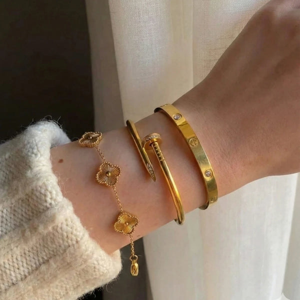 Moncheri Luxe Gold Stacking Trio – Anti-Tarnish Clover, Nail & Screw Bangle Combo
