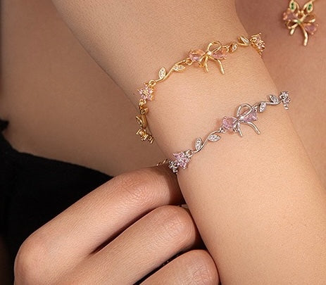 Floral Pink Bow Bracelet | Anti-Tarnish & Waterproof