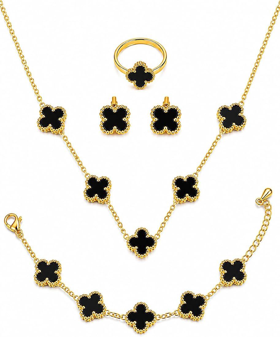 Black Lucky Clover Jewelry Set | Anti-Tarnish Gold Plated 4-Piece