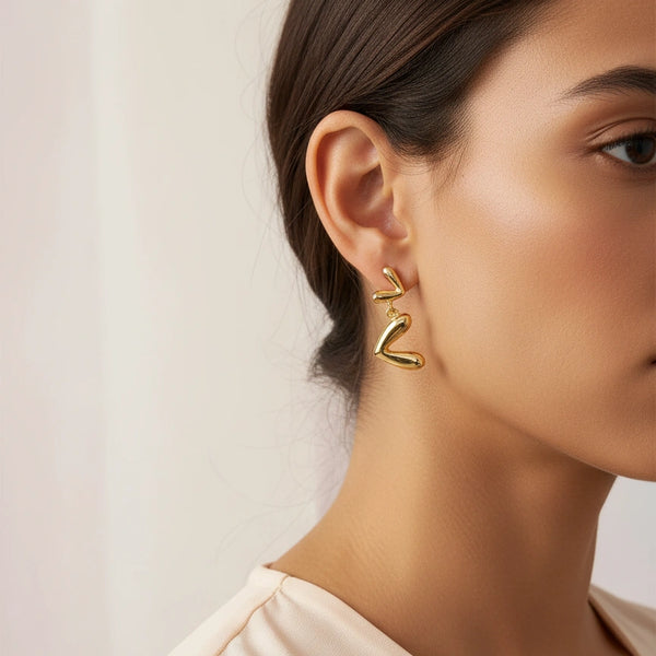 Abstract Heart Drop Gold Earrings | Modern Geometric Fashion Jewelry