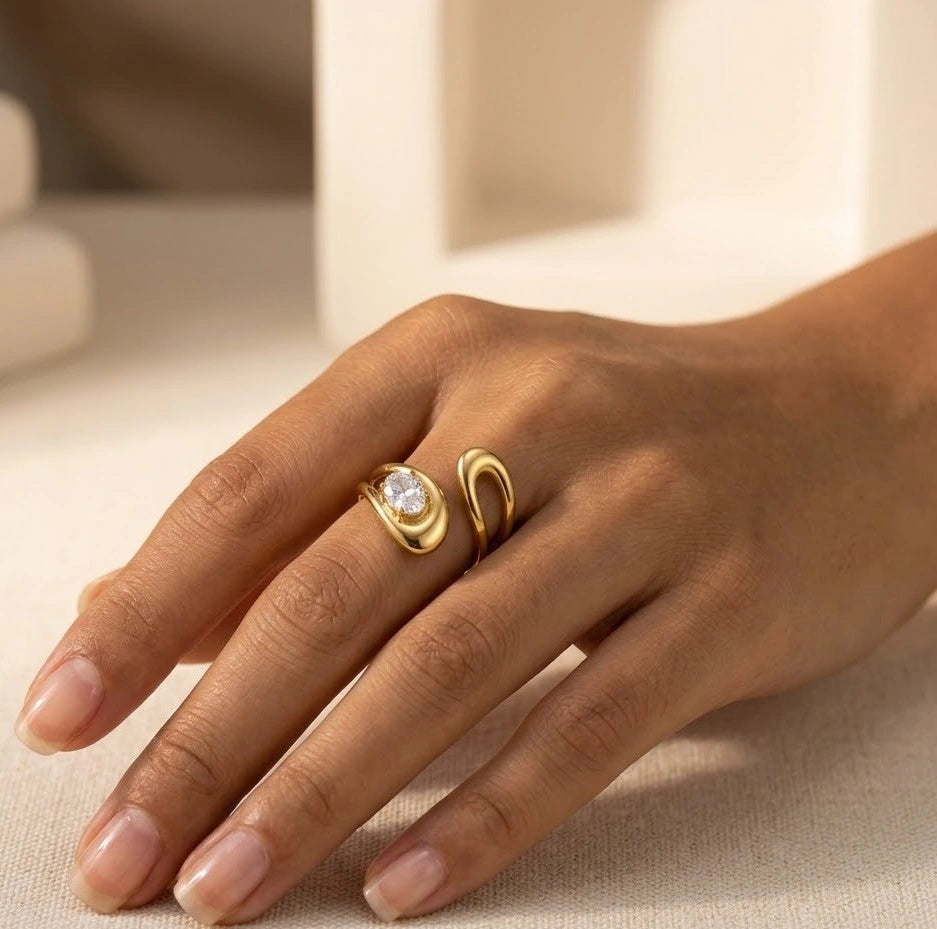 Abstract Sculptural Open Ring with Zirconia | Anti-Tarnish Fashion Jewelry