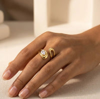 Abstract Sculptural Open Ring with Zirconia | Anti-Tarnish Fashion Jewelry