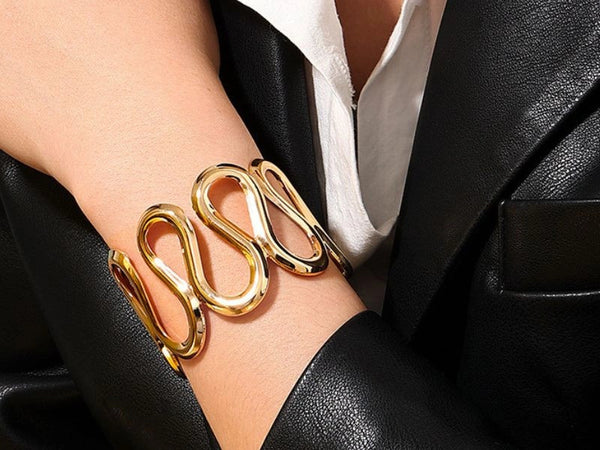 Abstract Wavy Gold Plated Statement Cuff Bracelet