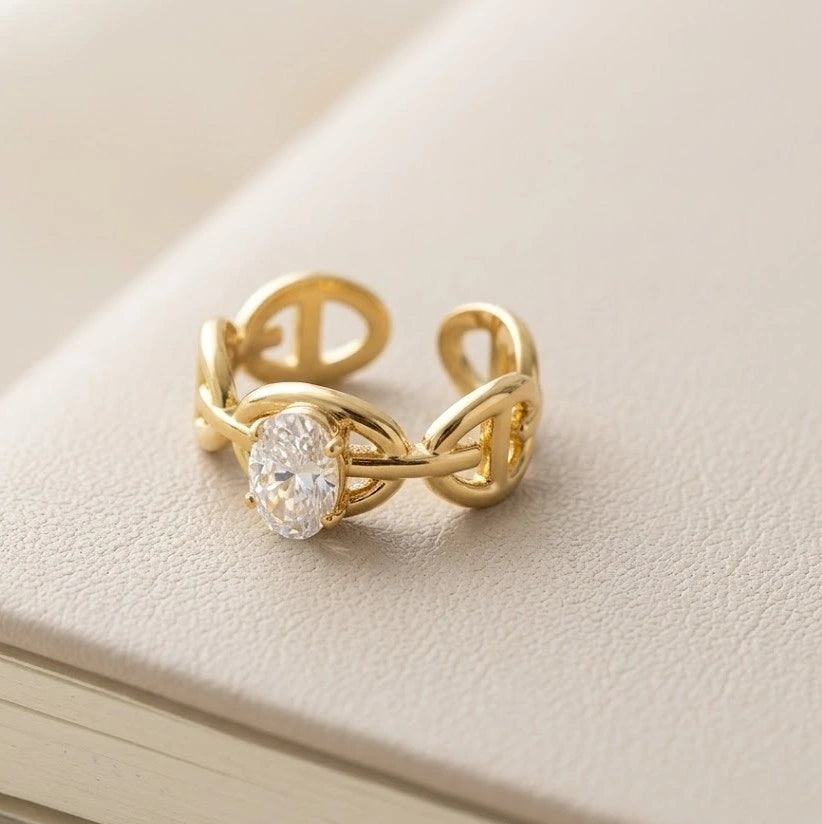 Adjustable Chain Link Ring with Oval Zircon - Anti-Tarnish Gold Plated