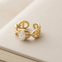 Adjustable Chain Link Ring with Oval Zircon - Anti-Tarnish Gold Plated
