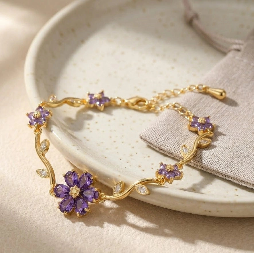 Purple Floral Anti-Tarnish Gold Plated Bracelet | Dainty Vine Design