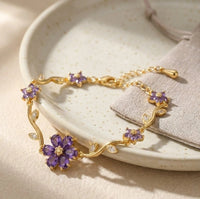 Purple Floral Anti-Tarnish Gold Plated Bracelet | Dainty Vine Design